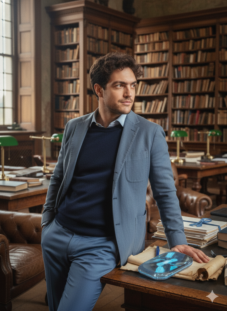 Alessandro Lavorante em biblioteca clássica com luminária verde e tablet